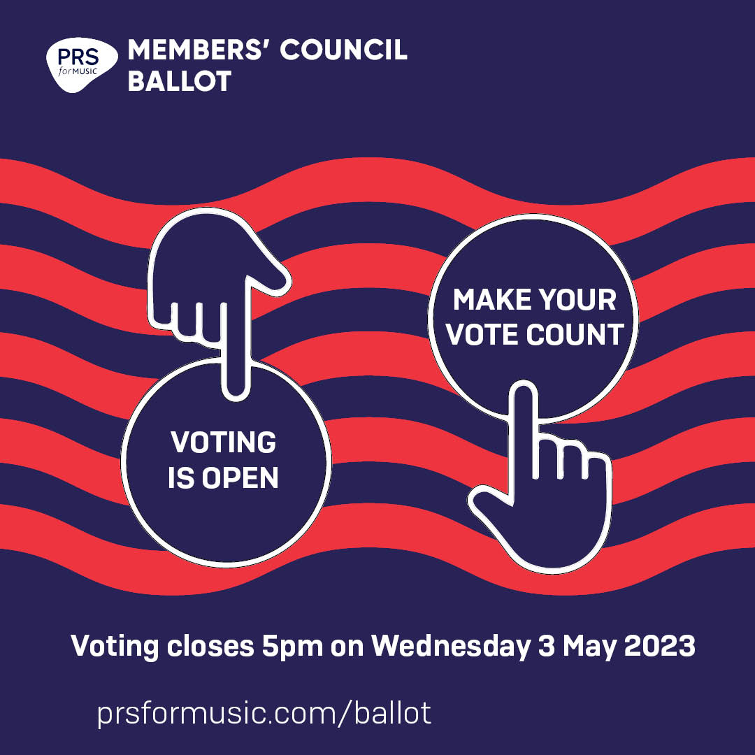 PRSforMusic's tweet photo. ⏰ There's one week left to vote in the 2023 #PRSBallot🗳️

It's voting members' opportunity to elect who they would like to represent them and the wider membership on the PRS Members’ Council.

Voting closes at  5pm on Wednesday 3 May 2023

🔗 https://t.co/gz1oxeJYLh https://t.co/XwohhGCpsQ