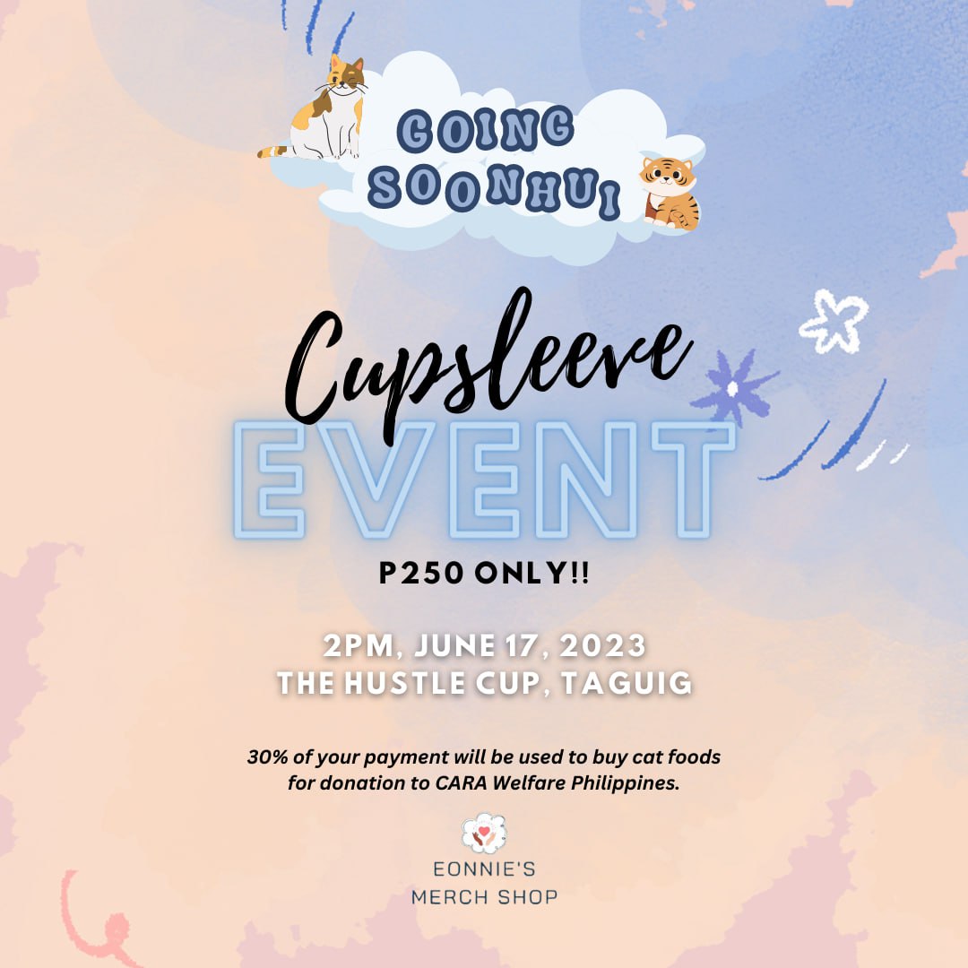 eonniesmerch's tweet image. Annyeong Cubics&amp;amp;Caratdeuls! 🩷🩵

What: #GoingSoonHui OFFLINE BIRTHDAY CUPSLEEVE EVENT 🐯😺
Where: The Hustle Cup, Taguig
When: 2PM, June 17, 2023
Form: forms.gle/NqnFY4GKdiSjYo…

For the love of cats, proceeds will be donated to CARA Welfare PH

See you SOON this JUNE! (๑&amp;gt;◡&amp;lt;๑)