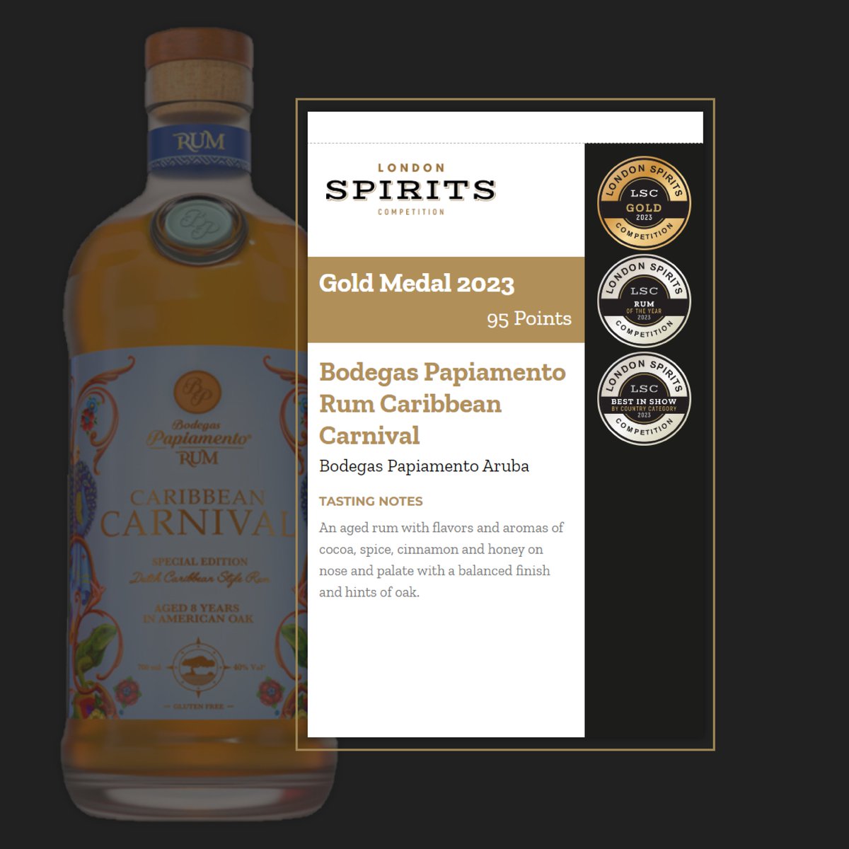 🔥🔥🔥 Bodegas Papiamento Rum Caribbean Carniva by Bodegas Papiamento Aruba from #Panama took away the award for the 𝐑𝐮𝐦 𝐎𝐟 𝐓𝐡𝐞 𝐘𝐞𝐚𝐫 at the London Spirits Competition 2023.