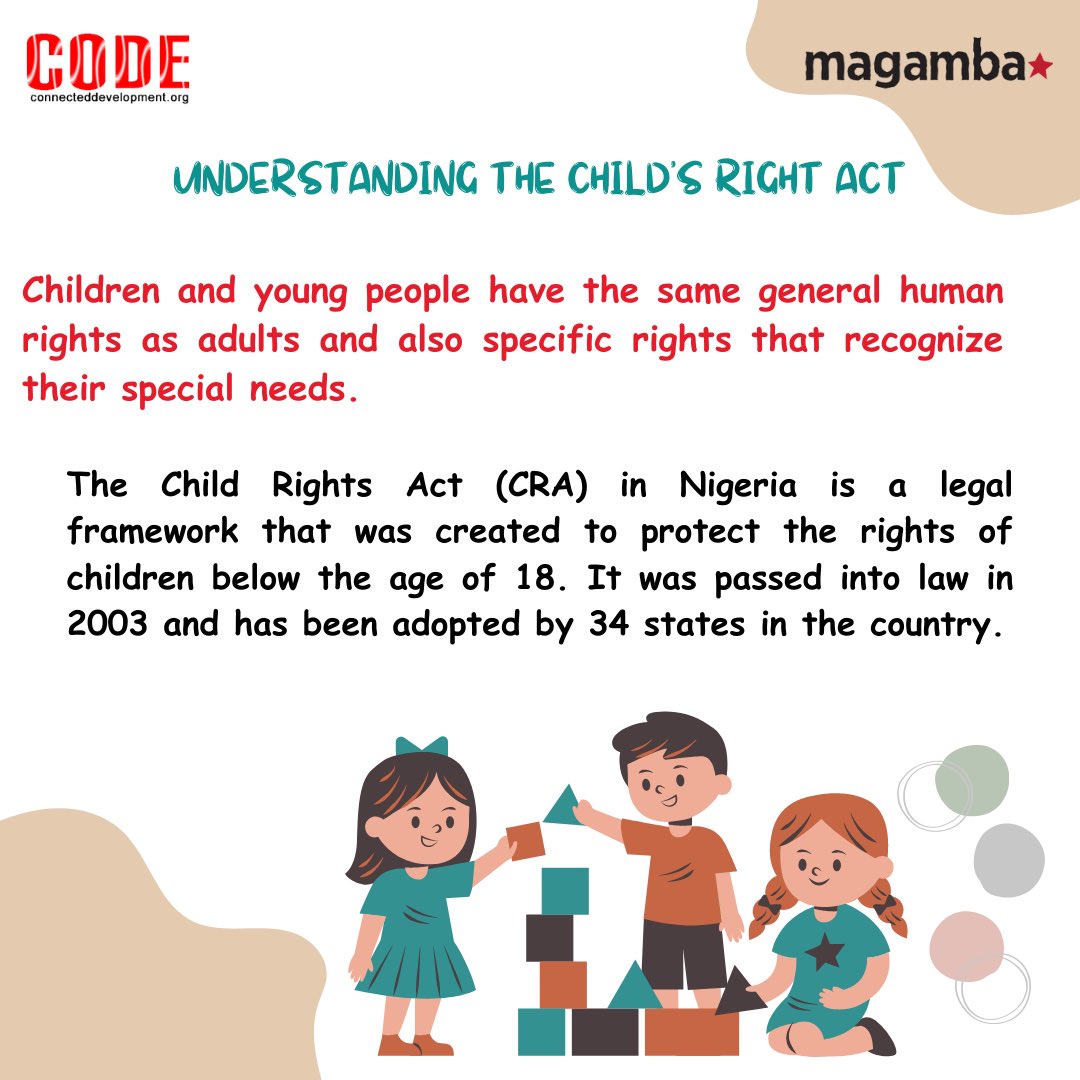Connected_dev's tweet photo. “Six out of every Ten Children in Nigeria experience emotional, physical or sexual abuse before the age of 18” as reported by @unicef_nigeria 💔
Below is a simplified, summarized version of the Child Rights Act in Nigeria to sensitize the public on 👇
#DMLAdvocate #SabiYouth https://t.co/xZaRJqUrqv