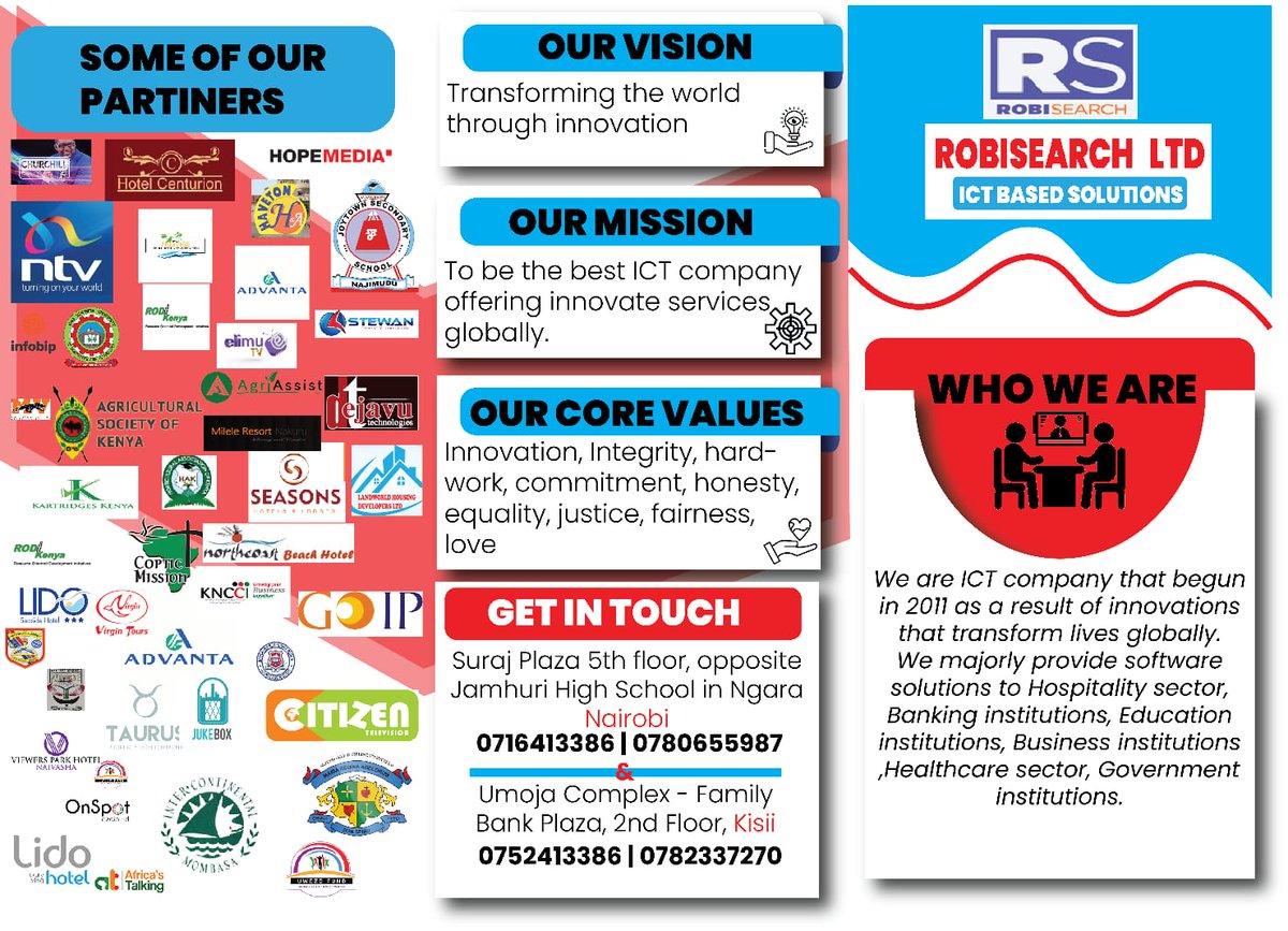 Ja__UDA's tweet image. Looking for a partner that can help you transform your business with technology? Robisearch Limited is here to help.
#PromoteBizNaRobisearch.
Robisearch ICT
Go Digital NaRobisearch