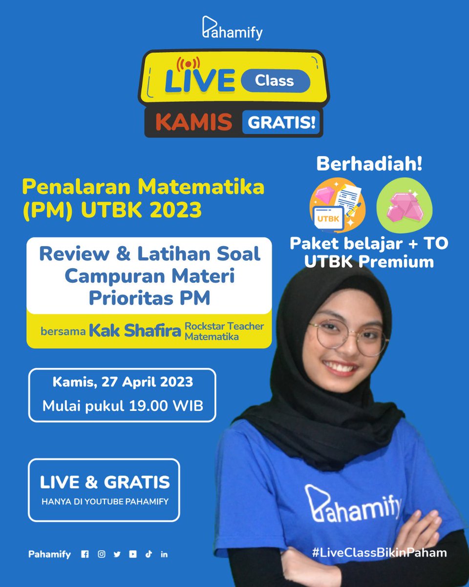 pahamify's tweet photo. 📌KELAS GRATIS PERSIAPAN UTBK 2023📌
🎁BERHADIAH Paket PREMIUM Seharga Rp300 ribu🎁

Catet tanggalnya, yuk!😆

📚Penalaran Matematika: Review & Latihan Soal Campuran Materi Prioritas UTBK
📅Kamis, 27 April 2023
⌚️19.00 WIB

Masuk GRATIS via YOUTUBE https://t.co/rRKW4cXNOg

*Mau bahas tipe soal kmbink dr Simulasi SNBT & msi banyak lagiii👻👻👻