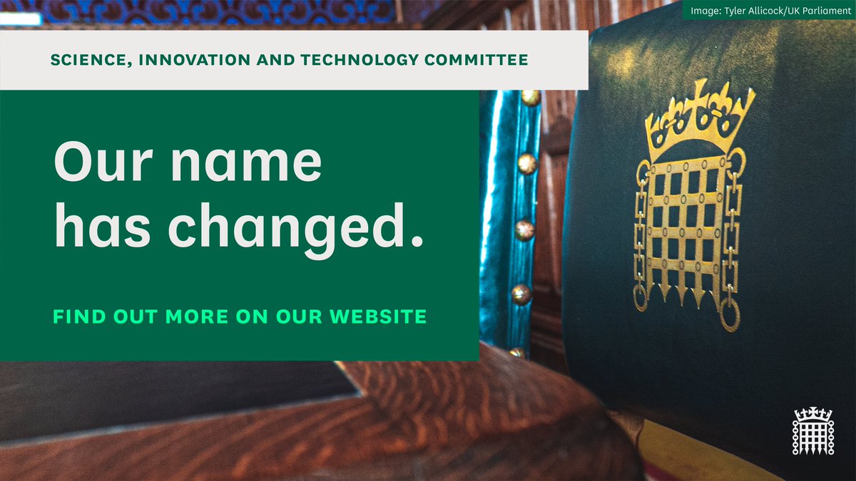 CommonsSITC's tweet photo. From today, we are officially the scrutiny committee for the Department for Science, Innovation and Technology @SciTechgovuk, with a new name and Twitter handle!

Read our Chair @GregClarkMP's comments on how our remit has expanded: 
https://t.co/IZYcDOdu8Z https://t.co/gxAHgKjML7