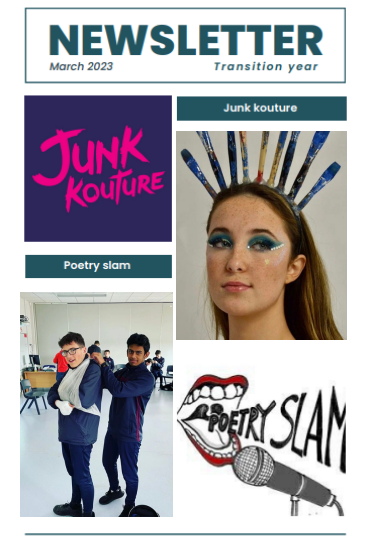 ColaisteDeLacy's tweet photo. Well done to our brilliant transition years who have created a newsletter for March and April tracking their exciting TY Journey. They've done everything from Junk Kouture and poetry slams to first aid and work experience! #ThisisTY #Adventures #CDL https://t.co/oA2kaH4fo0