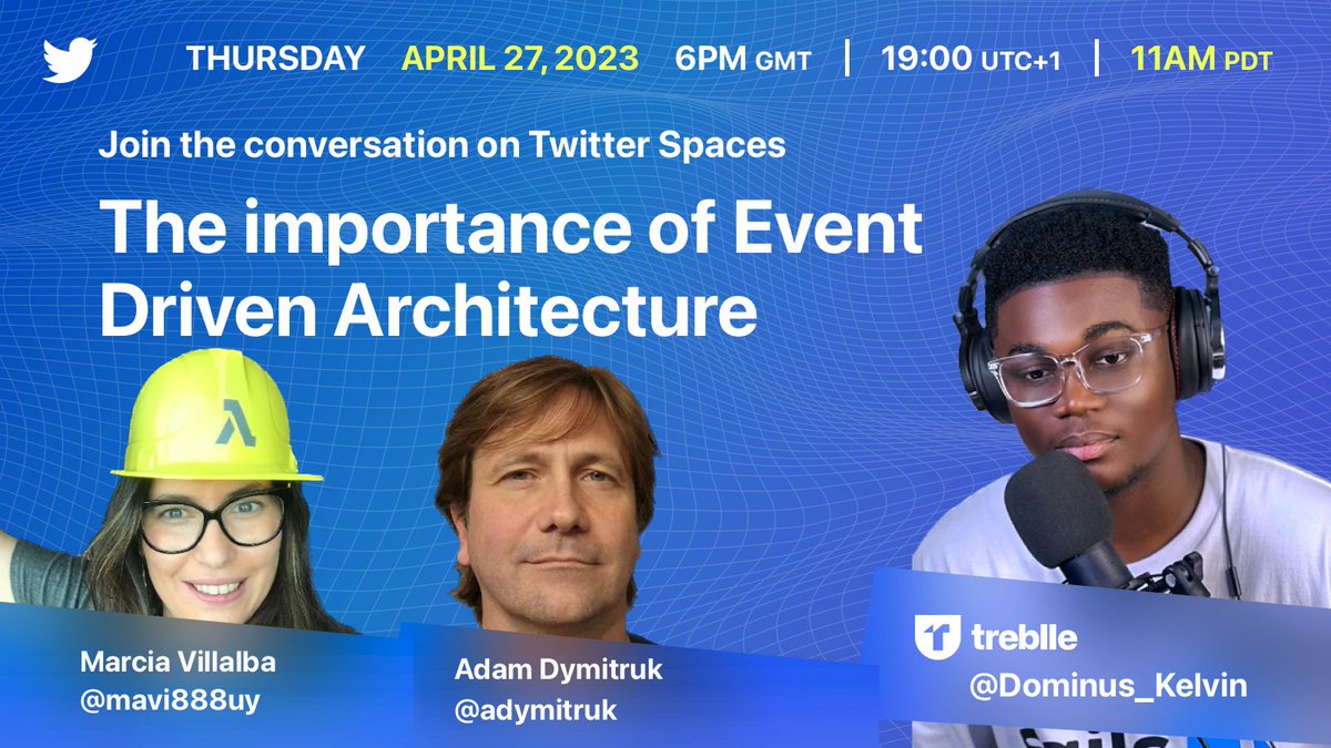 Did you miss our Twitter Spaces? 😁

We've got one coming up tomorrow on the Importance of Event Driven Architecture.

Featuring @mavi888uy and @adymitruk

Your host is @Dominus_Kelvin

Set a reminder 👇🏾
twitter.com/i/spaces/1RDGl…