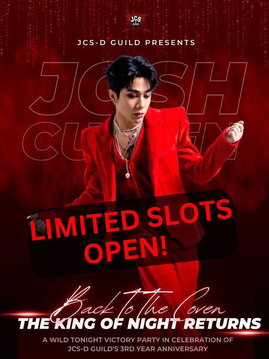 JCSDGuild's tweet photo. A second chance to get a slot for the upcoming “Back to the Coven: #TheKingOfNightReturns” fangathering this coming April 30! LIMITED SLOTS ONLY!

Payment channel will be emailed after successful submission. See you, covens!

🔗 https://t.co/eyjddsnf6u

@JoshCullen_s #JOSHCULLEN https://t.co/yOgmpGBvHU