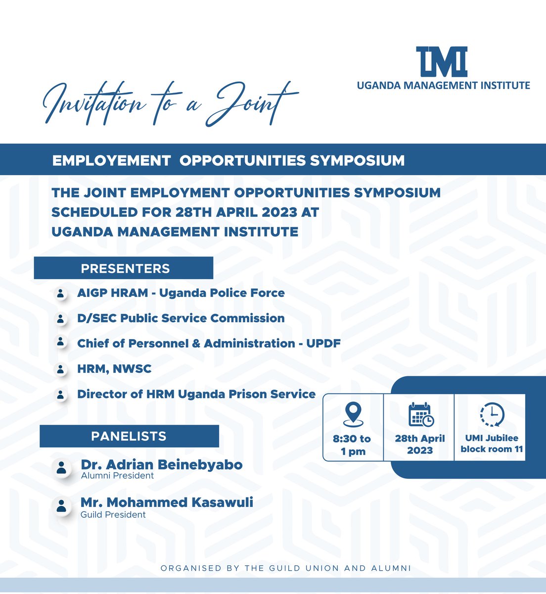 umiguildunion's tweet photo. Career guidance and employment opportunities symposium @umiguildunion @nwscug @UgandaPrisons happening this Friday at UMI Jubilee building https://t.co/jwufbLPIhJ