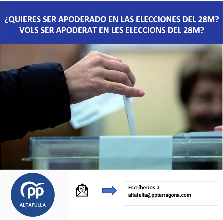 pp_altafulla's tweet photo. ¿Te gustaría vivir de cerca un día de elecciones?
Pues ven con nosotros y hazte APODERADO!
Ser APODERADO es una gran responsabilidad. Si quieres saber más, escribe a altafulla@pptarragona.com

Vente, necesitamos a gente implicada en la sociedad! Entre todos, vamos a conseguirlo🙏 https://t.co/qzSdSRTj8B