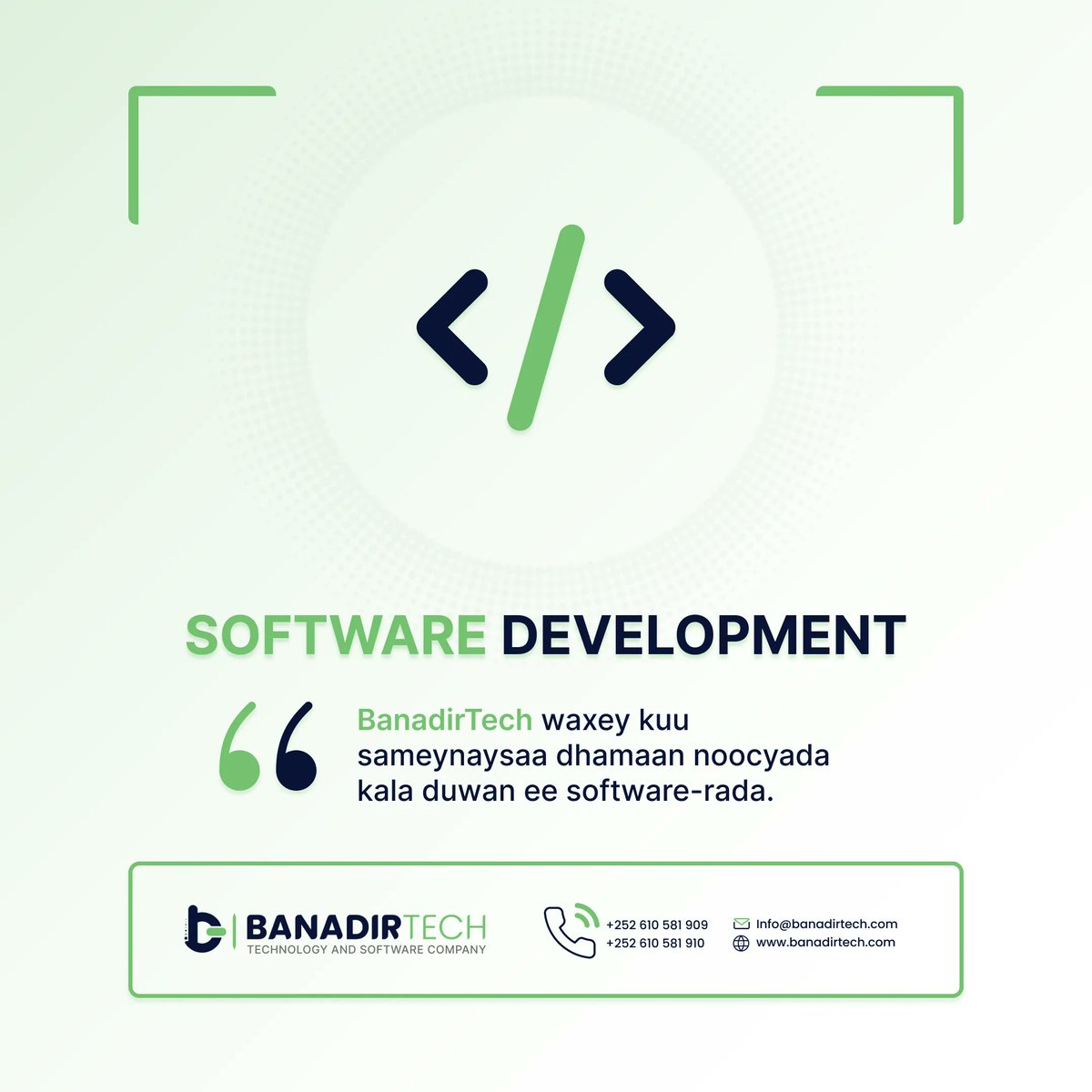 BanadirTec's tweet photo. BanadirTech waxey kuu qabaneysaa dhamaan adeegyada la xiriira Software Development, si aan kuugu sameyno software-ka adiga aad rabto iyo sida aad u rabto, nagala soo xiriir Whatsapp: +252 61 0581909 

#webDevelopment 
#BanadirTech https://t.co/y2WOi8CN8Q