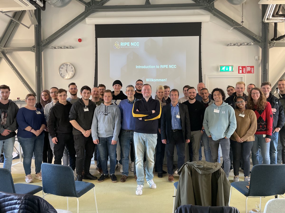 ripencc's tweet photo. Yesterday, a group of students from Rosenheim University of Applied Sciences 🇩🇪 visited our office in Amsterdam to get acquainted with the work of the RIPE NCC. We introduced them to the organisation and its crucial role in the #Internet ecosystem. Thank you for your visit! 🙌 https://t.co/ibItKzThXY