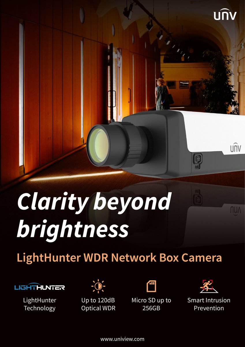 UniviewTech's tweet photo. Introducing UNV LightHunter WDR Network Box Camera - With LightHunter technology and up to 120dB Optical WDR (Wide Dynamic Range), this camera is capable of capturing details of potential accidents or safety hazards, in large brightness contrast environments.

#Uniview https://t.co/qhI2qNfmHB