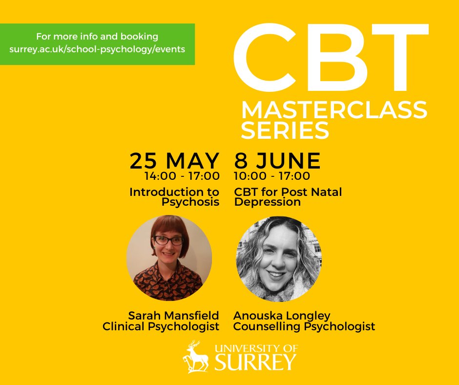 SurreyPsych's tweet photo. Check out our #CBTMasterclassSeries @UniOfSurrey Subjects covered in this series include #introductiontopsychosis #SarahMansfield #CBTforPostNatalDepression @AnouskaLongley
Find out more | https://t.co/ynjXDgrcby https://t.co/xf3tLJoIVL