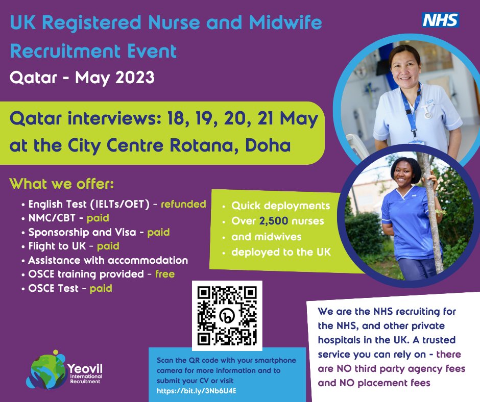 YeovilIR's tweet photo. Calling all registered nurses, mental health nurses and registered midwives we are coming back to Qatar.
We are interviewing for four days only.
Don't miss out - register today: https://t.co/VDolHq9HVA
#internationalrecruitment #nurse #midwife #mentalhealthnurse #workintheUK https://t.co/x4zPPrtWaX