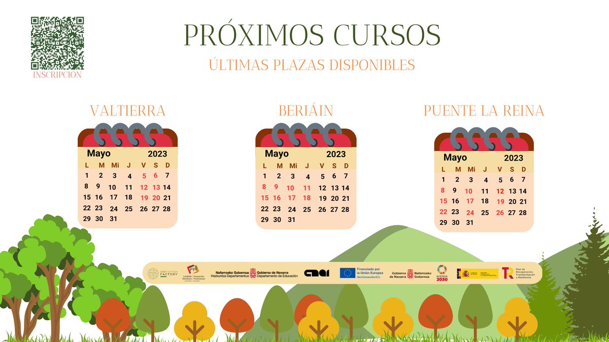 GreenTFactory's tweet photo. ¡ÚLTIMAS PLAZAS #INFONA! 
Apúntate en las siguientes localidades:

Valtierra 
🗓️Del 05-20/05
⏰V 16:30-21:00 S 8:30-14:00

Beriáin
🗓️Del 08-18/05
⏰ L 17:00-20:00 M/Mi /J 17:00-21:00

Puente la 👑
🗓️Del 08 al 26/05
⏰ L-V 17:00-20:0 Mi 17:00-21:00

Próximamente saldrán más cursos https://t.co/bB8IoBdw2r