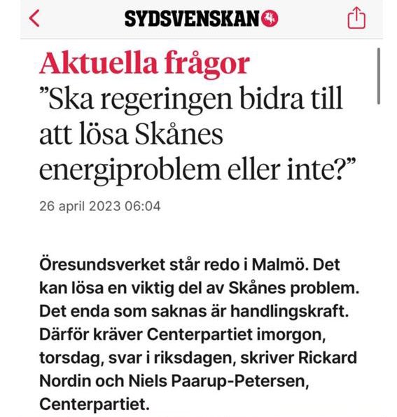 Gång på gång har <a href="/Centerpartiet/">Centerpartiet</a> krävt handling av <a href="/BuschEbba/">Ebba Busch</a> för att säkra att Skåne har energi vid kris. Men inget händer. Imorgon kommer vi kräva svar i kammaren! sydsvenskan.se/2023-04-26/ska…