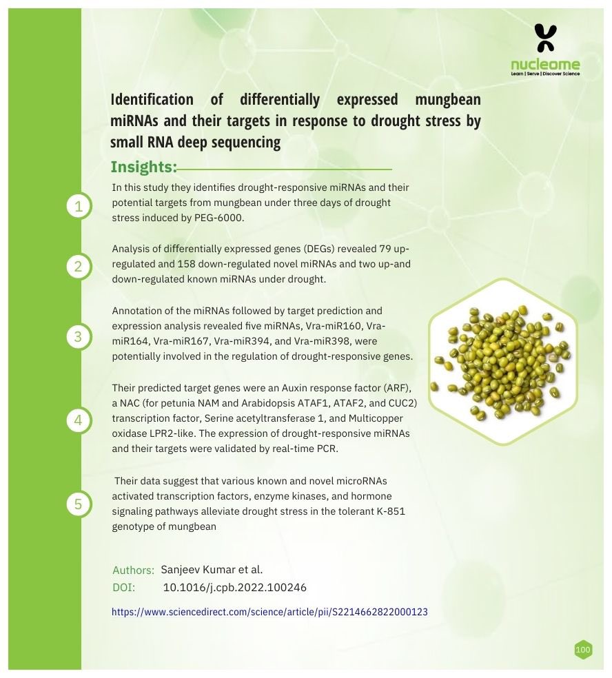 Identification of differentially expressed mungbean miRNAs and their targets in response to drought stress by small RNA deep sequencing conducted at Nucleome Informatics under the aegis of IIT Guwahati and Jodhpur.

 #nucleome #sequencing #IIT #rna #rnaseq