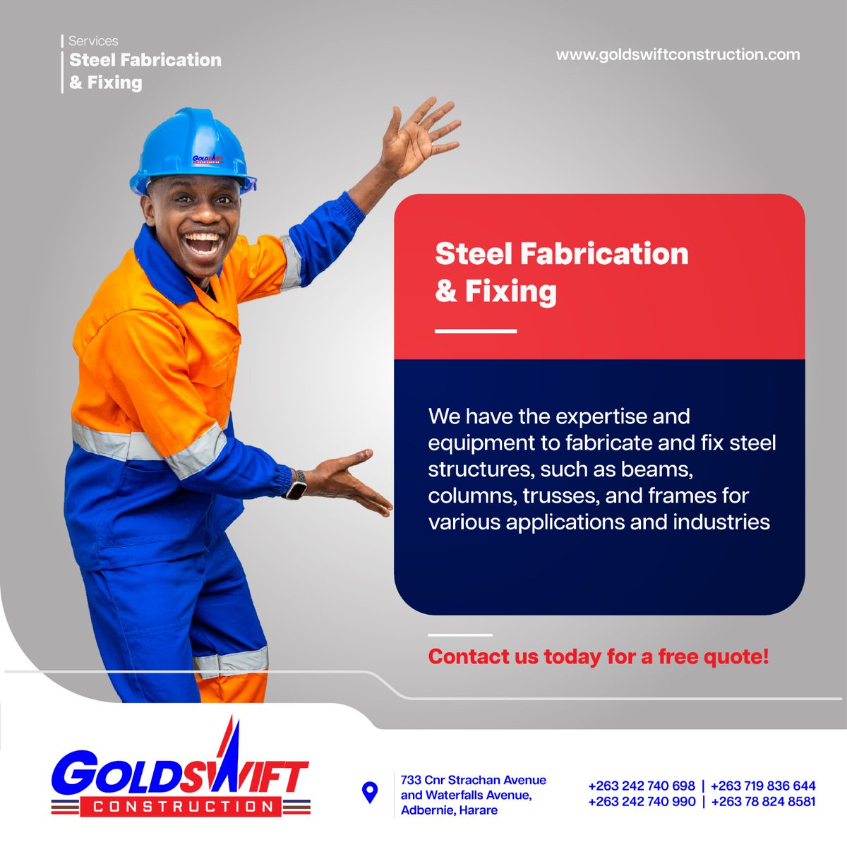 GoldSwiftco's tweet photo. Get in touch with us for quality workmanship!
App/call +263 78 824 8581 
call the office: +263 242 740698/+263 242 740990. Visit us at 733 Corner Strachan Avenue and Waterfalls Avenue, Adbernie, Harare.
#goldswiftconstruction 
#esteemedbrands 
@takemorem1 
@EsteemComms 
@iocdz1 https://t.co/XTpe7D7Ccl