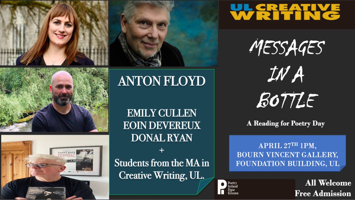 Poetry Day Ireland is tomorrow! Looking forward to hosting this special free event @ 1:00pm in the Bourn Vincent Gallery, (above UCH) with ANTON FLOYD, EOIN DEVEREUX, DONAL RYAN & MA in Creative Writing Students. All welcome! @PoetryDay_IRL @poetryireland @SEIC_UL @StudyArtsUL