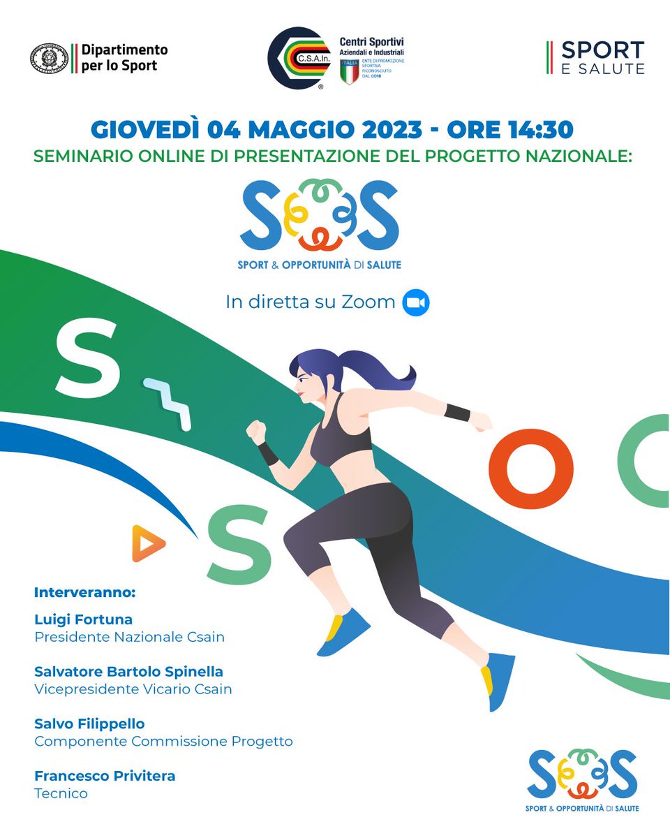 Seminario di presentazione del progetto: S.O.S. Sport &amp; Opportunità di Salute Giovedì 04 maggio ore 14:30
<a href="/SporteSaluteSpA/">Sport e Salute</a> <a href="/SportGoverno/">SportGoverno</a>
