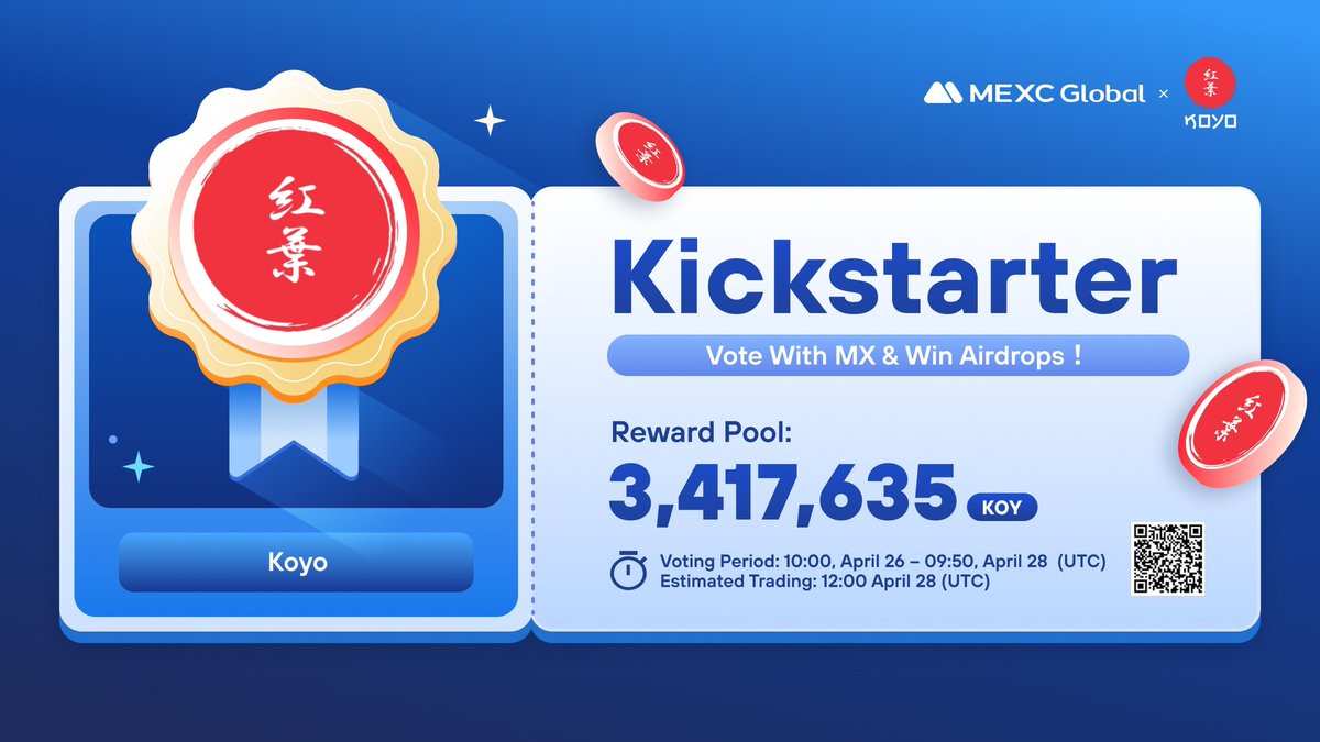 MEXC's tweet photo. The @KoyoToken Kickstarter is coming to #MEXC!     

🗳️Vote with $MX to support the $KOY listing and to share 3,417,635 $KOY airdrops 
⏰Voting period: 10:00 Apr 26 - 09:50 Apr 28 (UTC)   
📈Trading: 12:00 Apr 28 (UTC)  

Details:  https://t.co/tRvHyk8MSV https://t.co/jc7mWebyHS