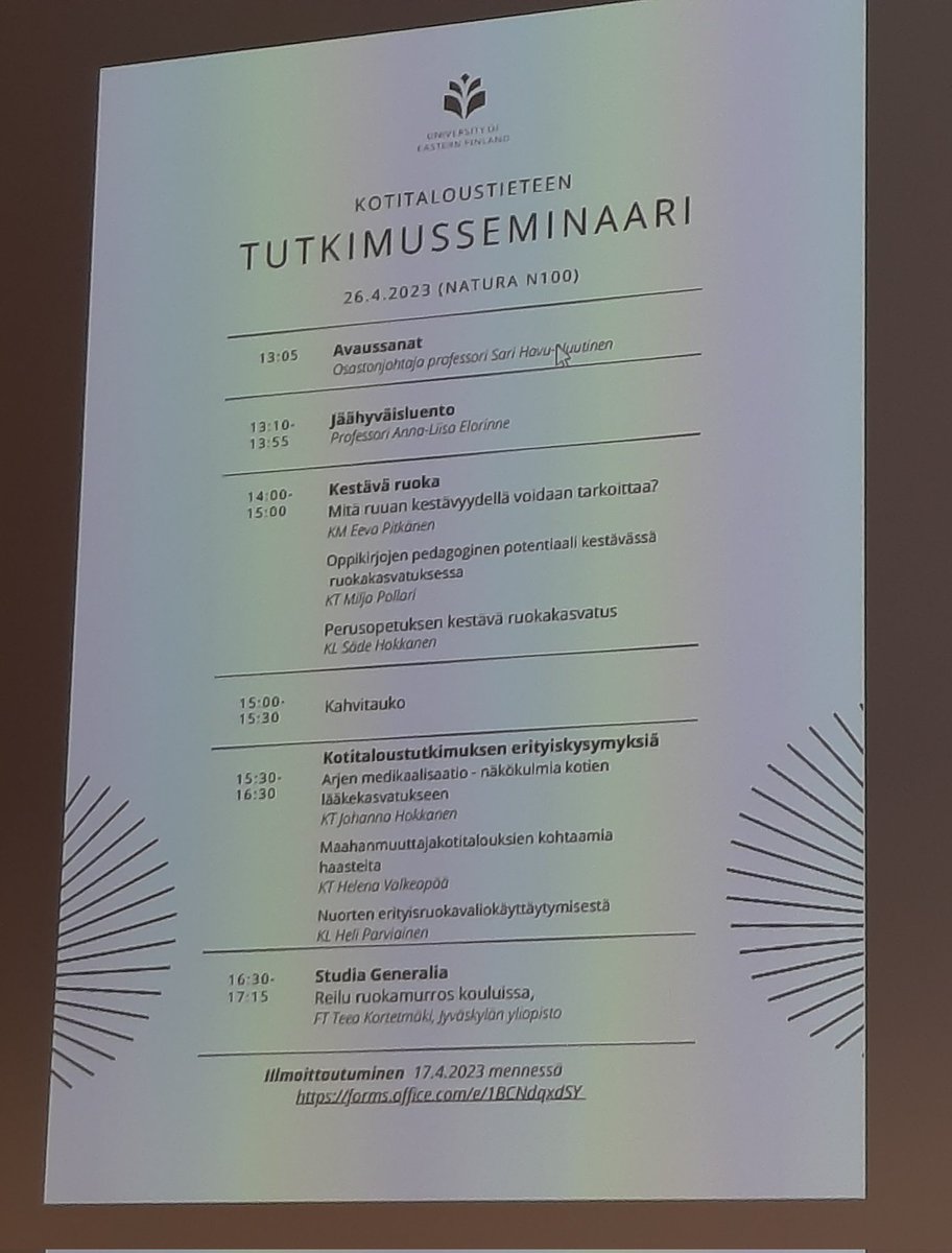 Professori Anna-Liisa Elorinteen jäähyväisluento ja kotitaloustieteen tutkimusseminaari tänään <a href="/UniEastFinland/">University of Eastern Finland</a> 
#kotitaloustiede #kotitalous