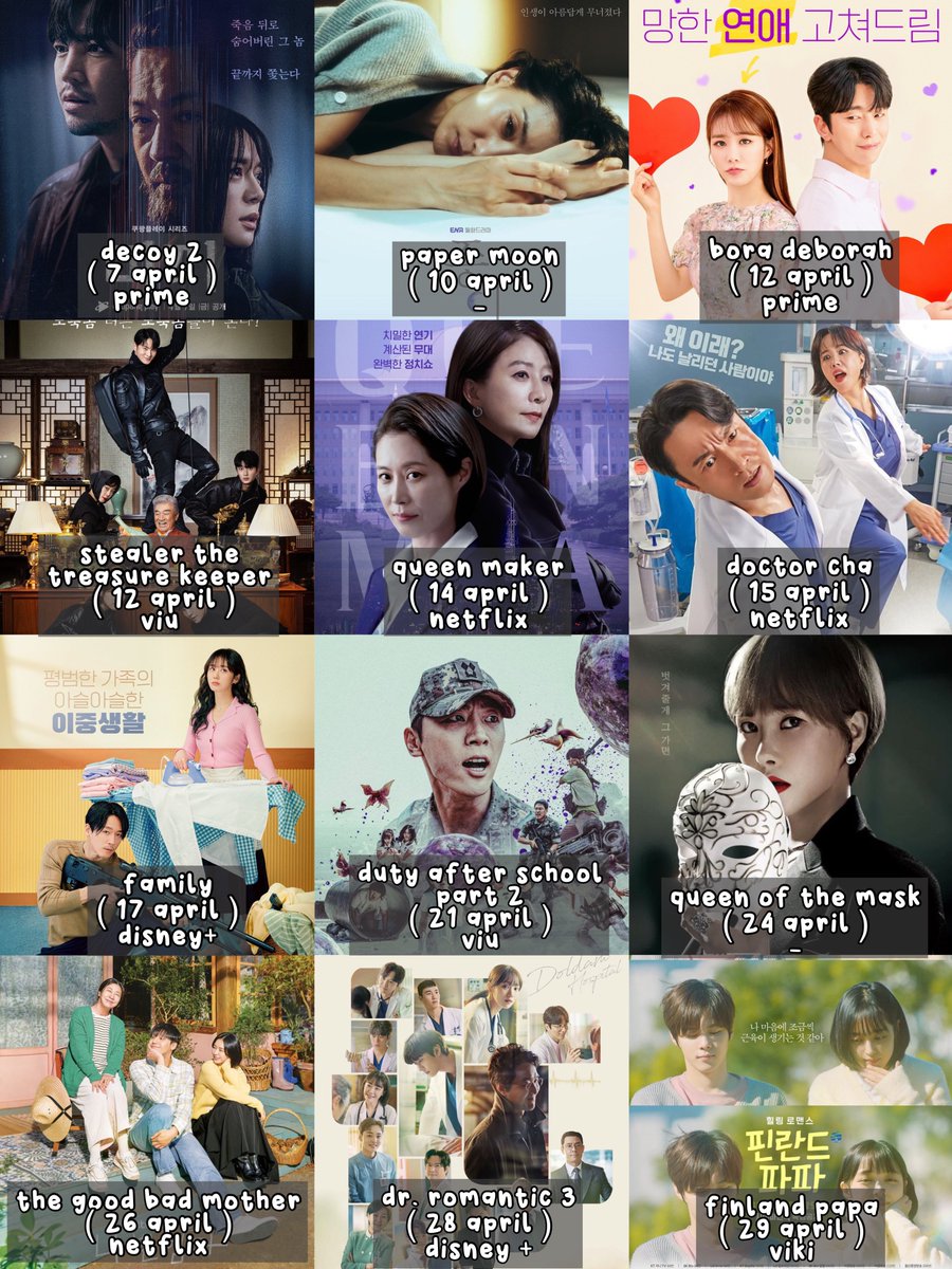 myjirongie's tweet photo. UPCOMING APRIL 2023 KDRAMA
#Decoy2 #PaperMoon #BoraDeborah #StealerTheTreasureKeeper #QueenMaker #DoctorCha #Family #DutyAfterSchool2 #QueenOfTheMask #TheGoodBadMother #DrRomantic3 #FinlandPapa https://t.co/QgEALrGyMG