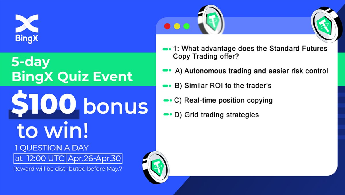 BingXOfficial's tweet photo. 🥳BingX Quiz 
💡Find the answers in the Review Below
🎁1 winner will be selected randomly every day
✔️ RT &amp; ❤️ the Review post
Send your answer as #QUIZdate + Option in TG
👉​https://t.co/tWpDueOCvF
 Example: #QUIZ0426 D 

🎰Extra $10 to those correct answers  3 days in a row. https://t.co/K60gXzvCsq