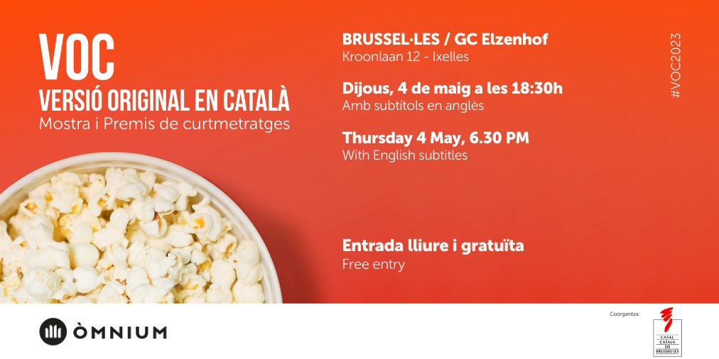 OmniumIntl's tweet photo. Next week, the VOC Awards (#PremisVOC), a showcase of Catalan short films, will be screened at GC Elzenhof.
Thanks to @CasalCatBRU, this @omnium project will be in Brussels! Save the date🍿
📩Email us at international@omnium.cat, if you already know that you will attend it https://t.co/8AVZVBWeYs