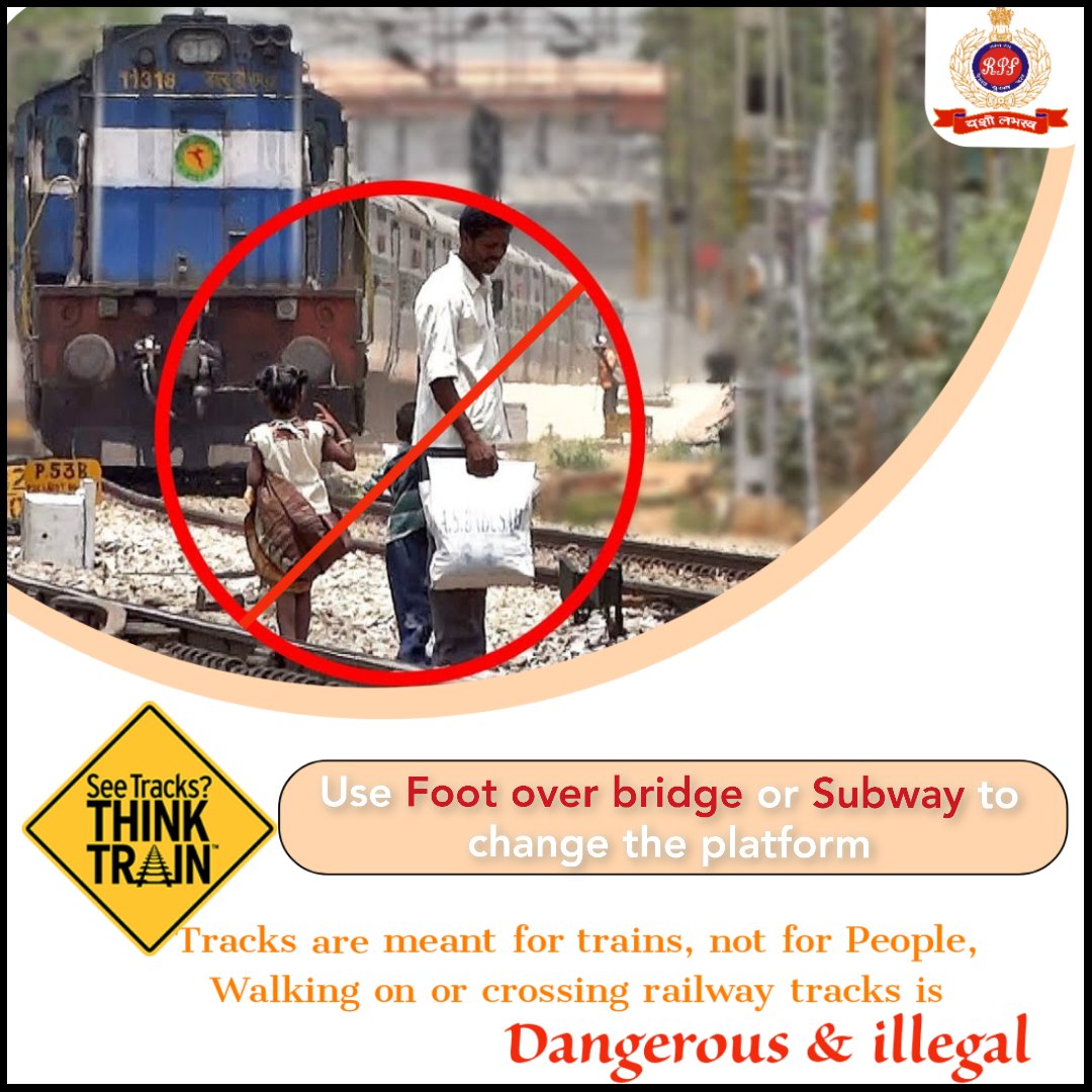 RPF_INDIA's tweet photo. Let's choose safety over convenience and never cross railway tracks, It's not only illegal but also incredibly dangerous.  

#BeResponsible #BeSafe https://t.co/mgkFwNGsOX