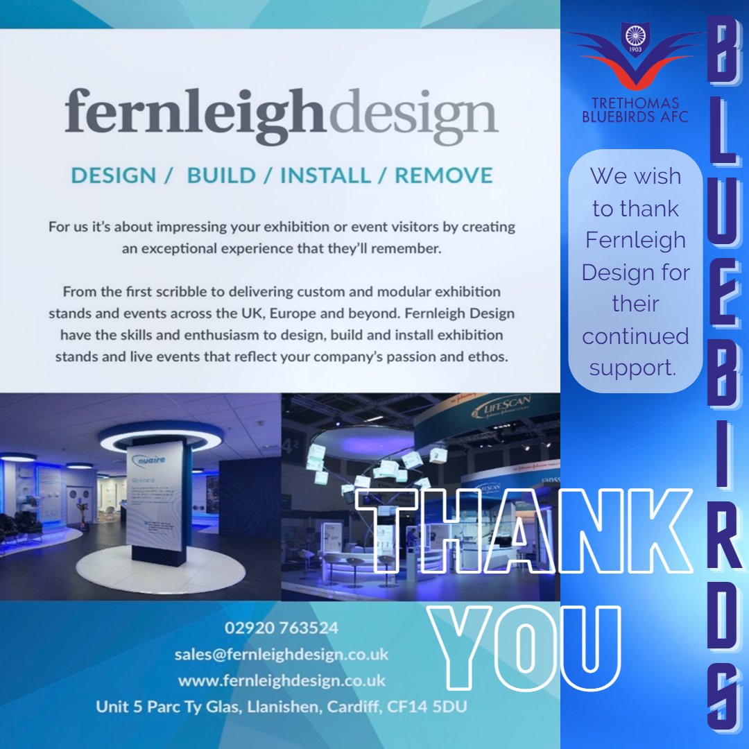 TreBluebirdsFC's tweet photo. With all the excitement of the upcoming trophy final we would like to take a moment to thank some of our sponsors starting with @FernleighDesign 
A massive thank you from everyone at Trethomas Bluebirds. https://t.co/n5MrLz1ssK