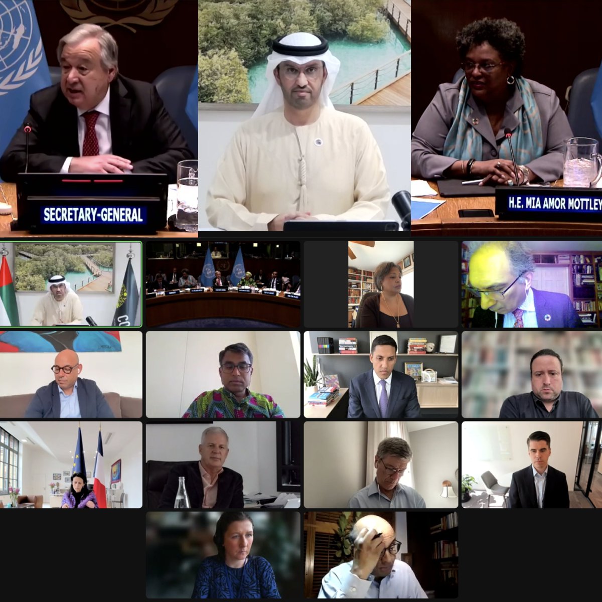 COP28_UAE's tweet photo. #DrSultanAlJaber joined @MiaamorMottley, UN 🇺🇳’s @AntonioGuterres and other climate leaders for a discussion on the crucial role that international financial architecture can play in meeting the 🌍’s climate and development goals. #COP28 https://t.co/bPBMPifUDM