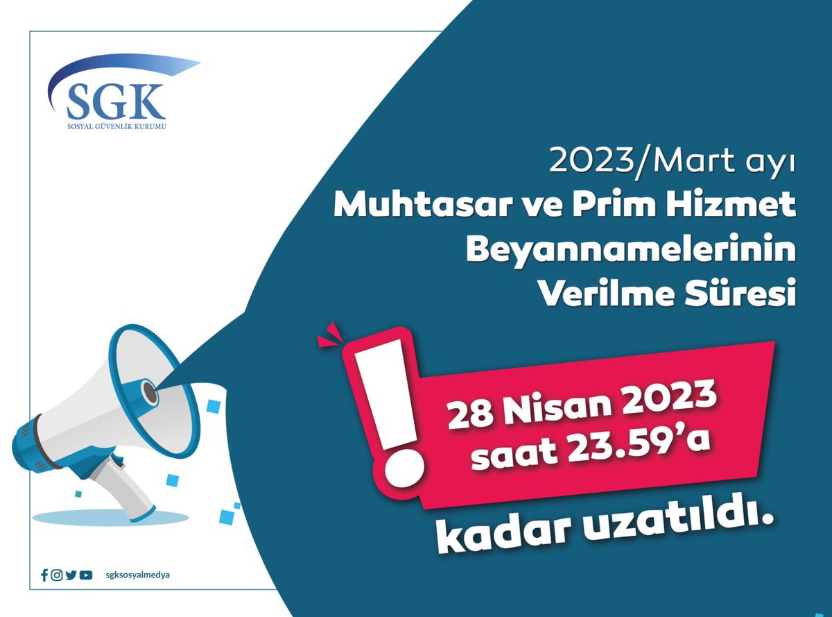 sgksosyalmedya's tweet photo. 📣 2023/Mart Ayı Muhtasar ve Prim Hizmet Beyannamelerinin verilme süresi 28 Nisan saat 23.59’a kadar uzatıldı.

🔗 https://t.co/l2OVXll8q5 https://t.co/N9VWsxggmm
