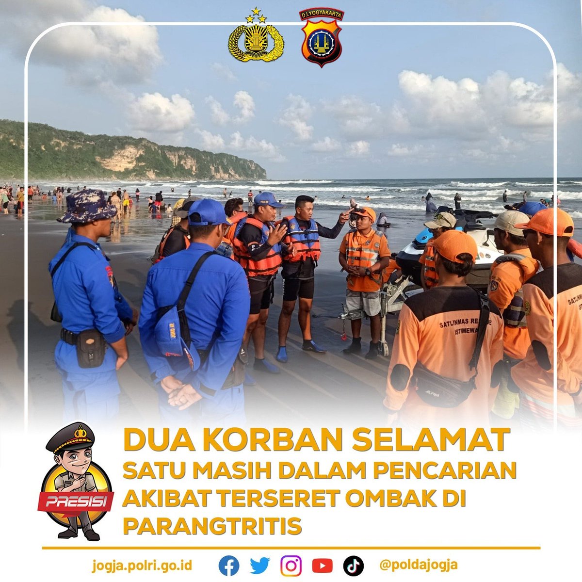 PoldaJogja's tweet photo. https://t.co/eX6rYjvrIS -Humas, Tiga Pengunjung Parangtritis terseret ombak laut selatan, Selasa 26 April 2023, sekitar 09.45 WIB. https://t.co/VXYixmA23p