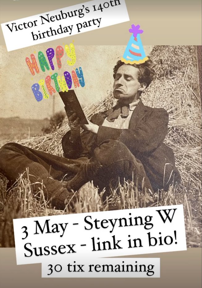 One week: Victor Neuburg's 140th Birthday Party in Steyning, W Sussex - Sharron Kraus &amp; I perform Swift Wings w/ Wendy Pye's films; David Bramwell performs Cult of Water; Caroline Neuburg reads never-published work by her grandfather; beer, wine, etc!
ticketsource.co.uk/thesteyningboo…
