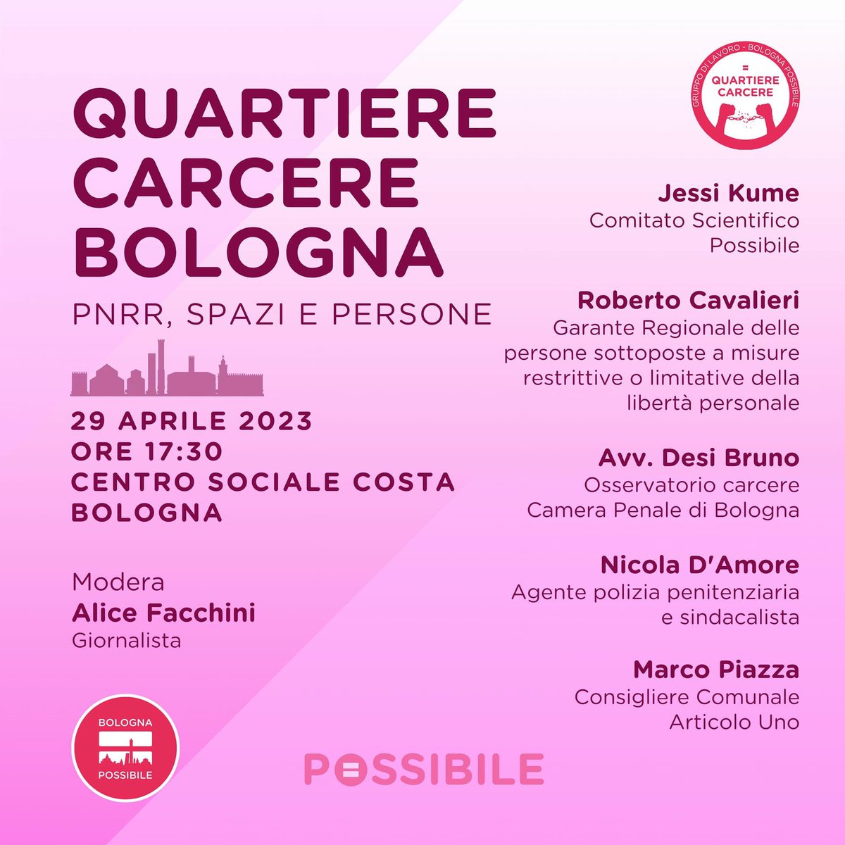 BPossibile's tweet photo. C’è dignità dell'essere umano nelle carceri così istituite? 
Che destinazione avranno i fondi del #PNRR?
Sabato alle 17.30 parliamo di questi ed altri temi con espertə che lavorano alla Dozza o che se ne occupano a livello politico o istituzionale.
Vi aspettiamo!
#Bologna https://t.co/51TCVvVdUF