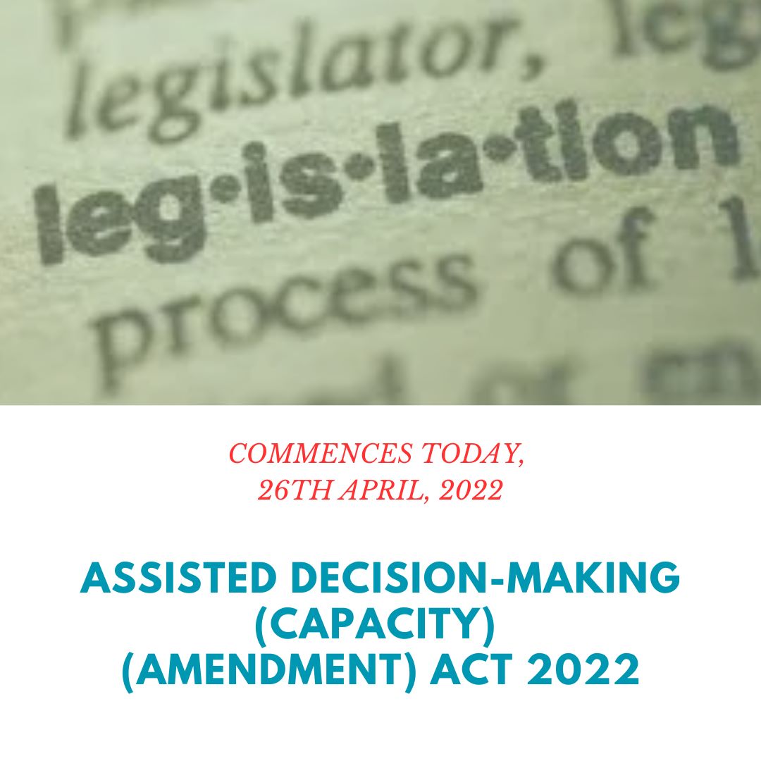 The Assisted Decision Making (Capacity) Act is commencing today, April 26th.
@DSS_Ireland is launching today, check their website for details decisionsupportservice.ie 
 @MHCIreland has uploaded informative videos to explain this Act: youtube.com/playlist?list=…