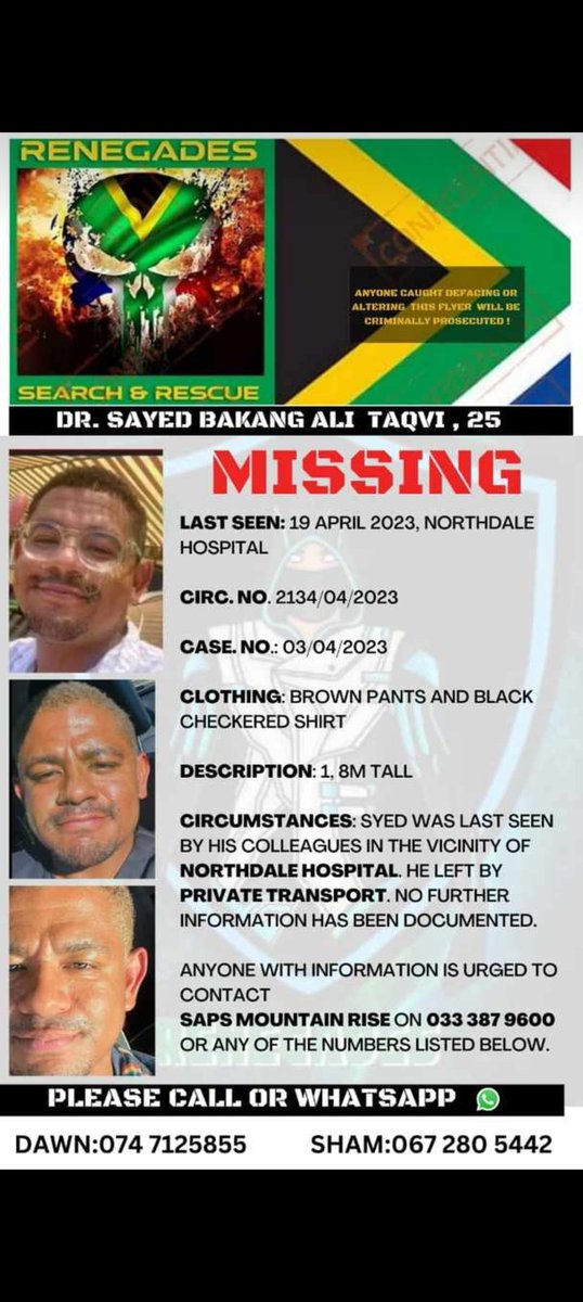 gummAy_'s tweet photo. Hi guys please help us find Dr  Sayed Bakang Ali Taqvi. It's been a week since we last saw or heard from him. Last seen leaving Northdale Hospital in a Bolt. Please RT someone on your TL may have seen something #MissingPerson @Boltapp_za https://t.co/BbmTZ78oSZ