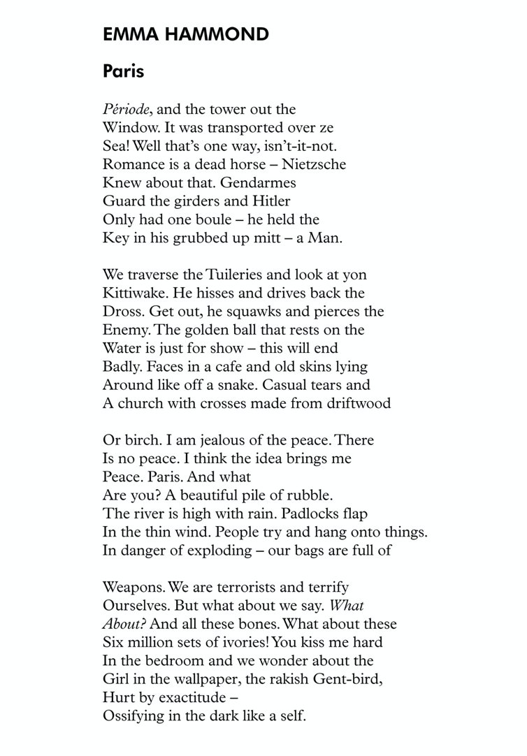 .<a href="/EHwords/">Emma Hammond</a> works as a freelance copywriter and has taught experimental poetry for the <a href="/poetryschool/">Poetry School</a>. 

This #PoetryWednesday, find 'Paris' inside the Spring 2015 issue of <a href="/poetrywales/">Poetry Wales</a>: exacted.me/EmmaHammond 🇫🇷