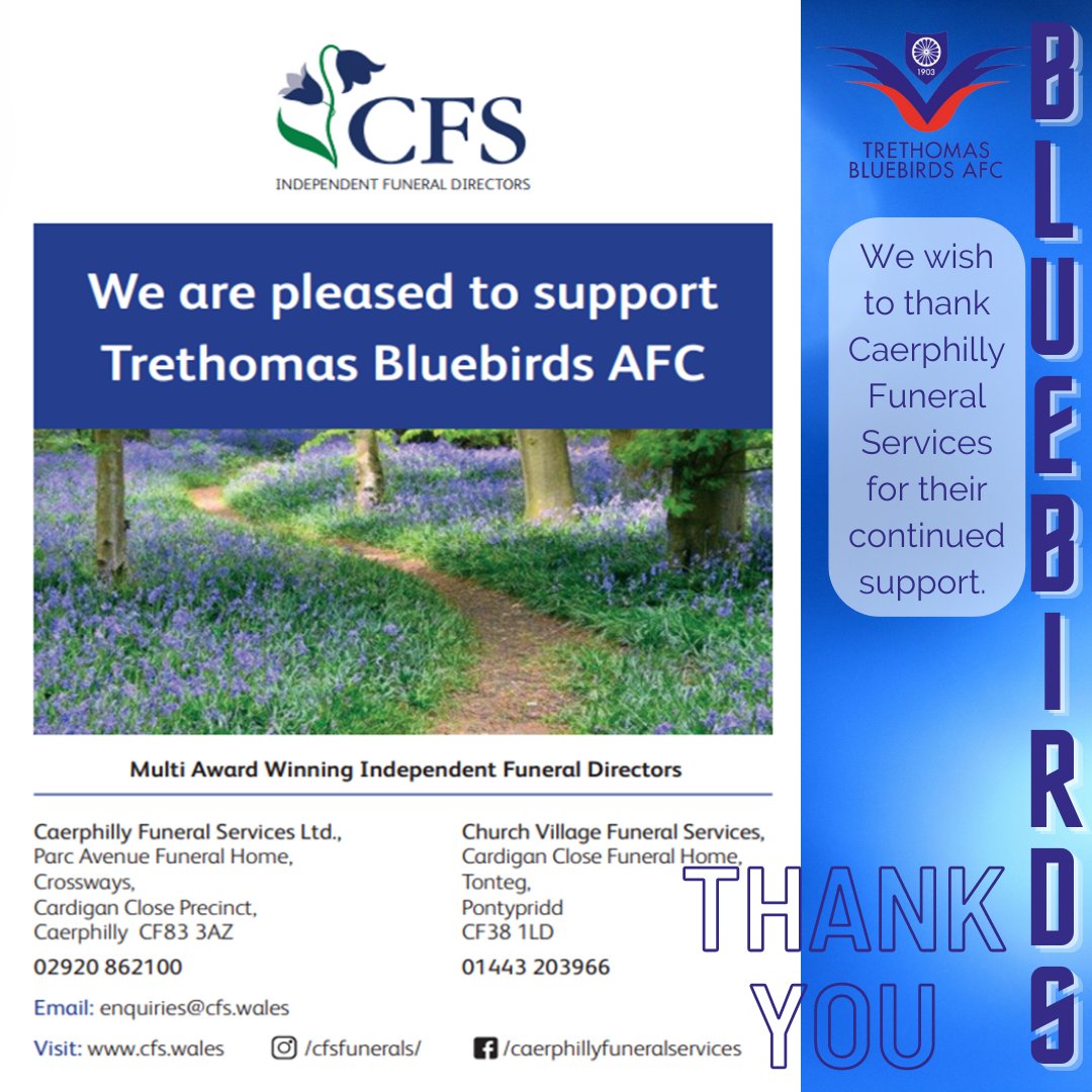 TreBluebirdsFC's tweet photo. With all the excitement of the upcoming trophy final we would like to take a moment to thank some of our sponsors next we'd like to thank @CaerphillyFS 
A massive thank you from everyone at Trethomas Bluebirds. https://t.co/1gevRJkHZK
