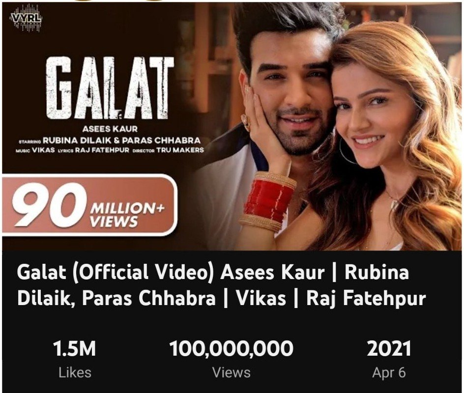 Yazdan__'s tweet photo. This is the first solo project of @RubiDilaik after BB

The music the lyrics the acting and vocal were really outstanding
 Thanks to @AseesKaur for giving this gem to us 

GALAT FT RUBINA HIT 100M https://t.co/Wt9ZQVaWo2