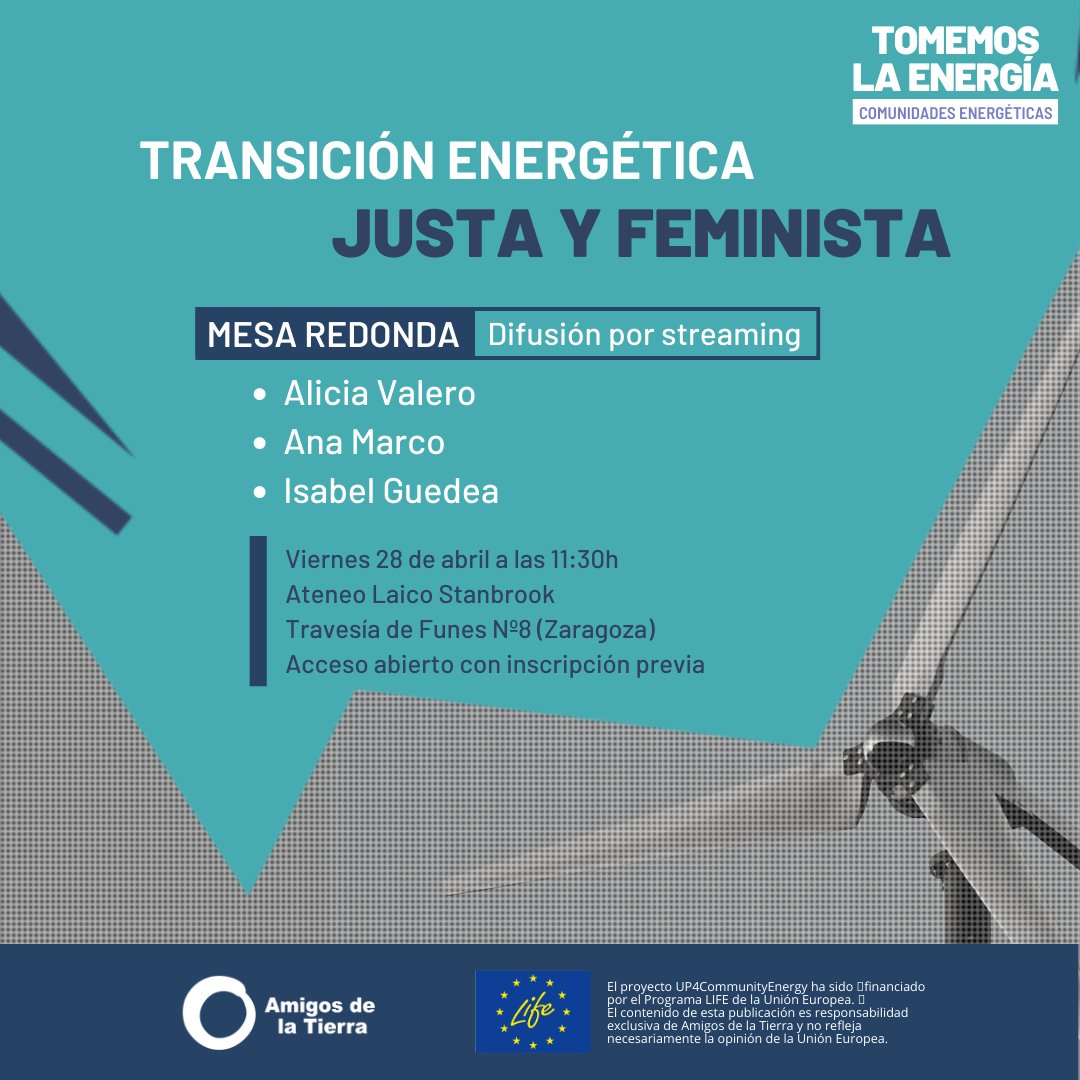 R que erre (@r_que_erre) on Twitter photo Este viernes 28 de abril, #AliciaValero, investigadora del <a href="/InstitutoCirce/">Instituto CIRCE</a> estará participando en la mesa redonda «Transición energética justa y feminista» organizada por @AmigosTierraAra
A las 11:30 en el Ateneo Laico Stanbrook de Zaragoza. Habrá también difusión por streaming. Este viernes 28 de abril, #AliciaValero, investigadora del <a href="/InstitutoCirce/">Instituto CIRCE</a> estará participando en la mesa redonda «Transición energética justa y feminista» organizada por @AmigosTierraAra
A las 11:30 en el Ateneo Laico Stanbrook de Zaragoza. Habrá también difusión por streaming.