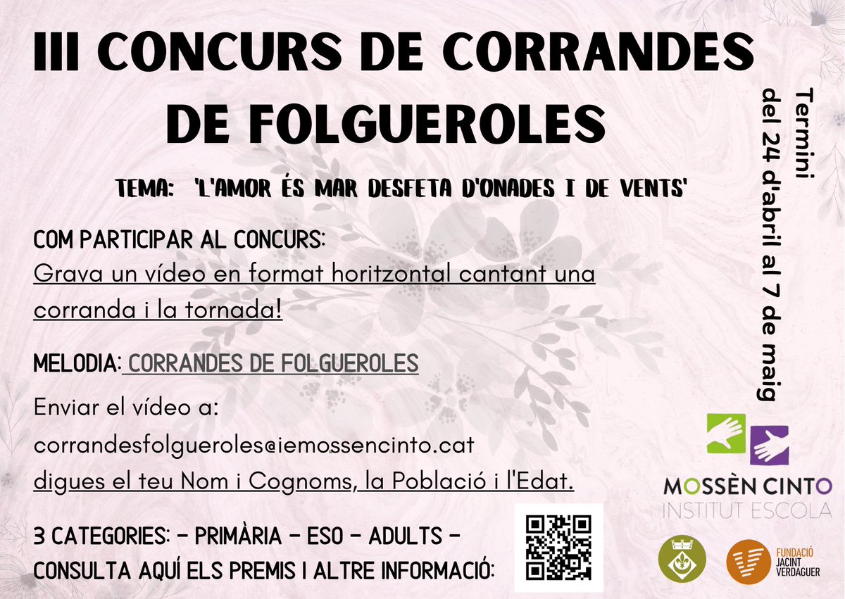 CorrandesFolgue's tweet photo. Benvinguts al III Concurs de corrandes de Folgueroles! Cada vegada falta menys. No us ho perdeu!🎼
Si hi voleu participar, recordeu que heu d'utilitzar la melodia d'en Carolino que adjuntem a continuació. https://t.co/S1M9s5w8Dc https://t.co/0y5cOiDCIc