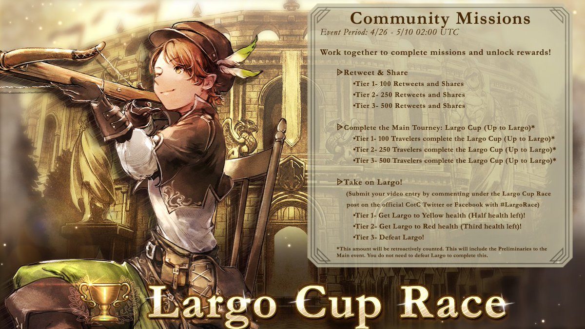 ⚔Largo Cup Race⚔
The Largo Cup race is here!

Event Period: 4/26-5/10 2:00 UTC
🤝Community Missions🤝
📢Share and Retweet!
💪Complete the Main Tourney: Largo Cup (Up to Largo)

Make sure you fill out the Largo Cup Race form for the Individual Mission: forms.gle/oa85NHAV6NE7W9…