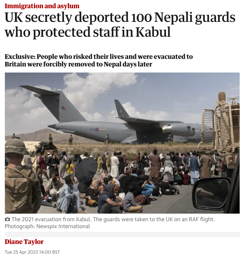 As the Home Sec goes on TV saying migrants don't share "British values" we read her department secretly deported 100+ Nepali guards who risked their lives to protect British embassy staff in Afghanistan despite them having visas to stay in the UK

"British values" she says