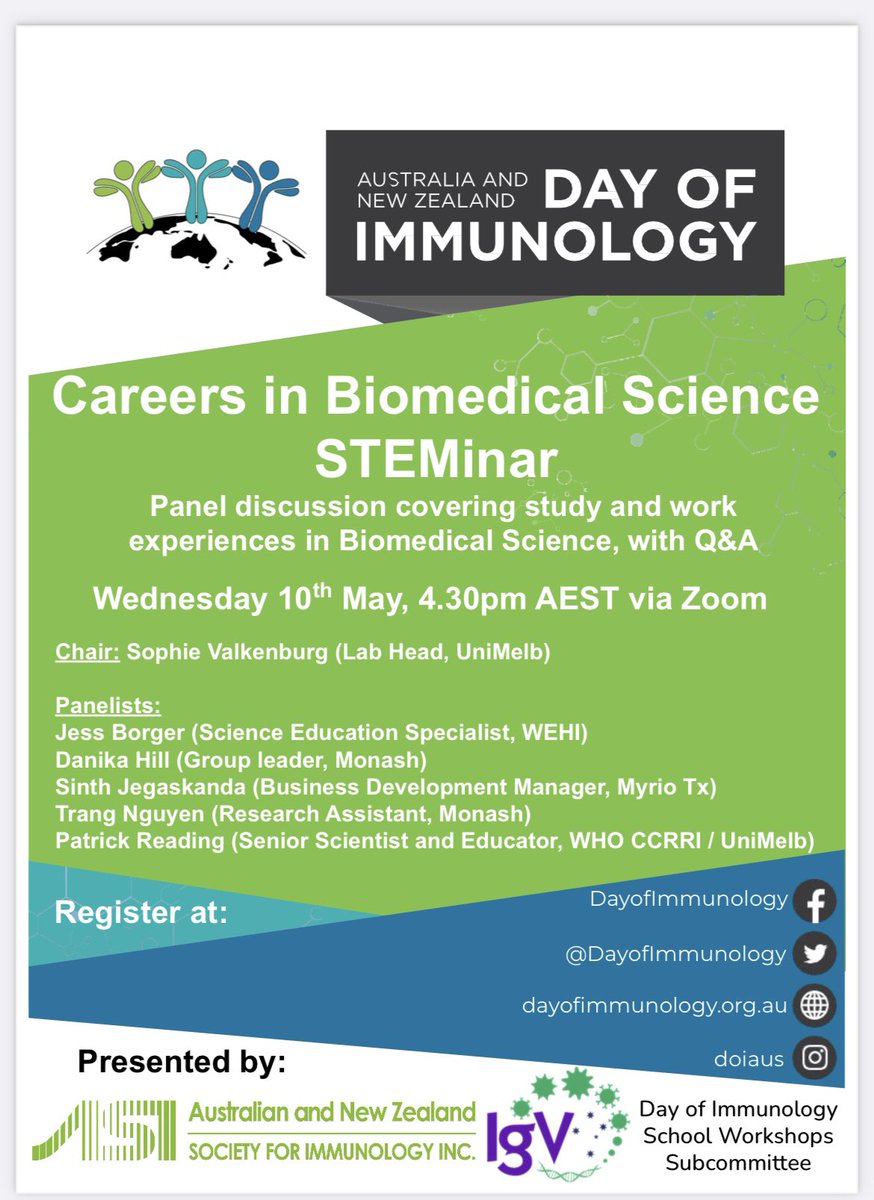 Mark your diaries- to celebrate the “day” of immunology… over the month there are lots of workshops, seminars and high school pracs! If your especially interested join a careers STEMinar May 10th online @JegaskandaSinth @DrDanikaHill @jessborger Pat Reading and Trang Nguyen