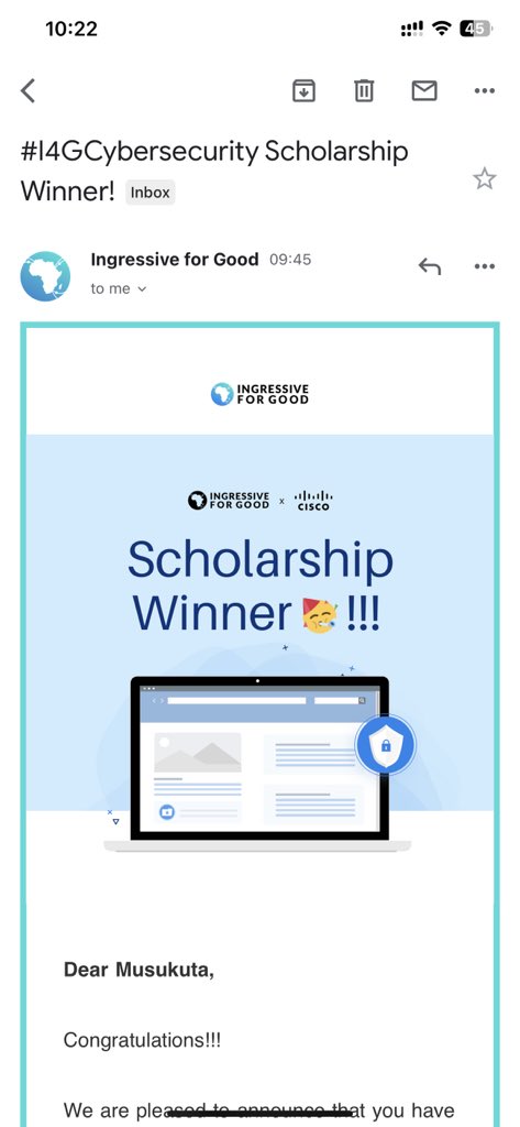 I just won the #I4GCybersecurityScholarship. I'll be embarking on a journey to learn social Cybersecurity and how to build a career in it with @ingressive4Good and <a href="/Cisco/">Cisco</a>".