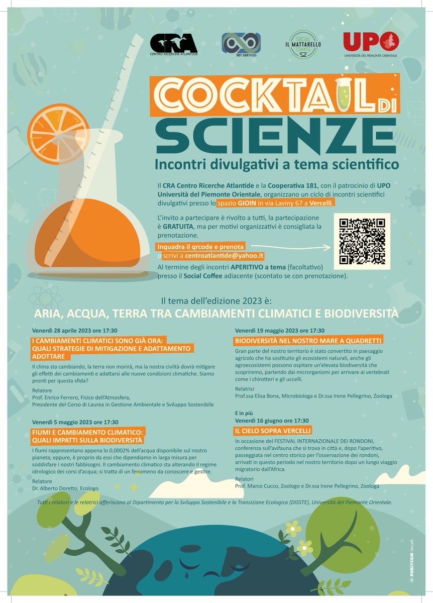 Cocktail di Scienze a Vercelli! 4 incontri per parlare di ambiente e biodiversità! Irene Pellegrino <a href="/IreneSitta/">Irene</a> e Marco Cucco dello ZooDiversityLab saranno i relatori il 19 maggio e il 16 giugno! <a href="/UniAvogadro/">UPO - Università</a>