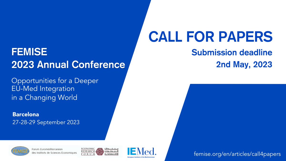 IEMed_'s tweet image. 📢#Call4Papers 
Present your research on socioeconomic issues in the Euro-Med area and join the @femisenetwork Annual Conference!

🤝Come to Barcelona and get valuable feedback, engage in discussions &amp;amp; expand your network.

Learn more: femise.org/wp-content/upl… #FEMISE_AC2023