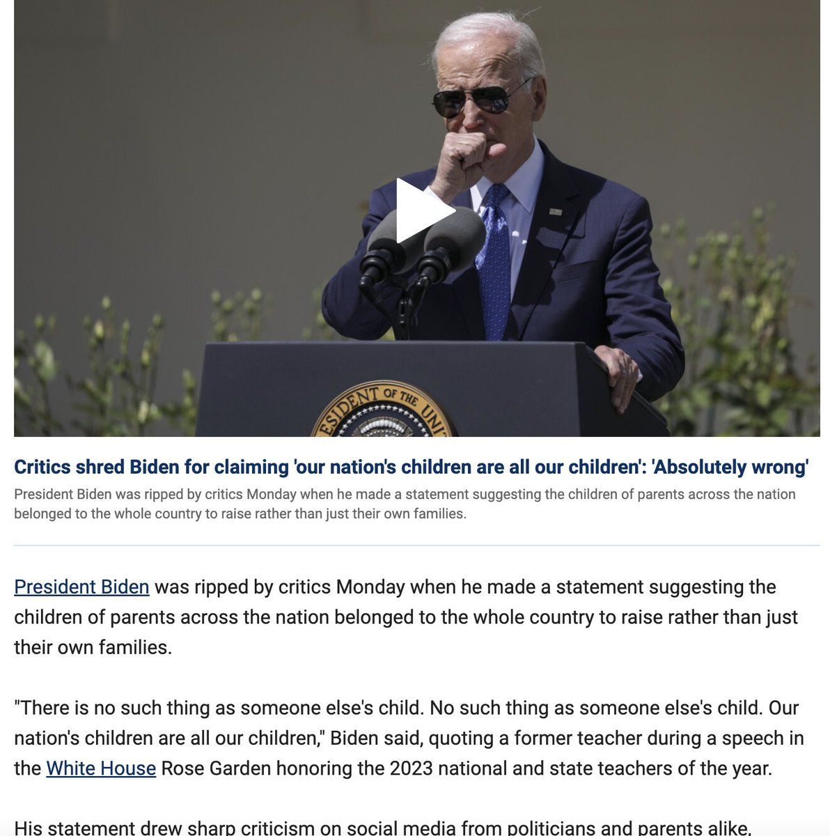 aigkenham's tweet photo. President Joe Biden is wrong, anti-biblical and escalating the war on children and the war on the family—which is ultimately a war on God.

A recent news report stated:

“"There is no such thing as someone else's child. No such thing as someone else's child. Our nation's children are all our children," Biden said, quoting a former teacher during a speech in the White House Rose Garden honoring the 2023 national and state teachers of the year.”

Let’s judge Biden’s statement against Scripture:

“Behold, children are a heritage from the LORD, the fruit of the womb a reward” (Psalm 127:3).

Children are a gift from God to parents. Children belong to parents and ultimately to the Lord. Our children do not belong to Joe Biden or the Government of the USA.

Who is given authority to educate children?

“the father makes known to the children your faithfulness” (Isaiah 38:19).

“Fathers, do not provoke your children to anger, but bring them up in the discipline and instruction of the Lord” (Ephesians 6:4).

“…he commanded our fathers to teach to their children, that the next generation might know them, the children yet unborn, and arise and tell them to their children, so that they should set their hope in God and not forget the works of God,” (Psalm 78:5–7).

God gives parents" the authority to educate children, and in particular fathers as the spiritual head of the house.

Now the family is the first and most fundamental of all human institutions God ordained in Scripture. The family is the educational unit God uses to transfer a spiritual legacy from one generation to the next and to impact the world for the Lord Jesus Christ. That’s why the devil so hates the family and stirs people to a war on the family.

So sad but the President of the USA is escalating the war on children and the family in many ways including supporting allowing immature children to make decisions (without their parents) to mutilate or poison their bodies to supposedly change their gender. But one can’t change one’s genetics. Humans are either male (XY) or female (XX).

The secular education system has also been used to brainwash generations of kids with an atheistic world view.

If you reject God and his Word, as secular education does, then anything goes—there’s no absolute standard on which to base your thinking. In this view, children are just biological machines, the product of millions of years of evolution. They aren’t given to parents—they are just a “choice” parents made.

And now we have the President of the USA basically claiming the government owns all the children.

But when we start with God’s Word as shown above, we learn that children are a gift from God—given to parents. He has given parents authority over their children and the responsibility of training, teaching, and raising children. They are not just “choices,” nor are they the government’s responsibility—children are parent’s responsibility because God gave children to their parents to train them up for him.

You see, the family unit didn’t evolve. God created the family when he created marriage (Genesis 1:27 and 2:24) and told the first couple to be fruitful and multiply (Genesis 1:28). He entrusted children to parents to raise them in accord with the principles he has laid down for us in his Word (e.g., Psalm 127:3).

And we must remember: the most important part of education is the spiritual upbringing of children, as that affects their eternity:

"Indeed, I count everything as loss because of the surpassing worth of knowing Christ Jesus my Lord. For his sake I have suffered the loss of all things and count them as rubbish, in order that I may gain Christ. "(Ephesians 3:8)

Parents—take this responsibility seriously! You are responsible for their education, not Joe Biden or the Government.

God has given you a big job, and there’s no job more important than discipling your children in the Lord. If you aren’t thoughtfully and purposefully parenting in the Lord, I urge you and your spouse to sit down and discuss your “game plan” as a family for how you can be purposeful about this job with an eternal impact. As our world gets darker, it’s more vital than ever that you and your spouse be purposeful in how you raise your children.

Many families homeschool their children. At @AiG we produce a number of resources for homeschools, and we also have a K-12 school, Answers Academy to help parents in discipling their children. We are also producing biblical worldview curricula for Christian schools.  The bottom line, Christian education for kids is not an option.  As parents, we need to be purposefully raising our children on the foundation of God's Word.