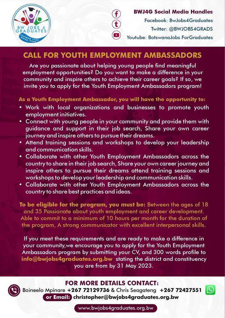 BWJOBS4GRADS's tweet photo. OPPORTUNITY ALERT ‼️
Join the movement and become a Youth Employment Ambassador today! Let's empower the next generation to achieve their career dreams. #NYEF2023 #YouthEmployment #AmbassadorsOfChange https://t.co/2hP1tLALy3
